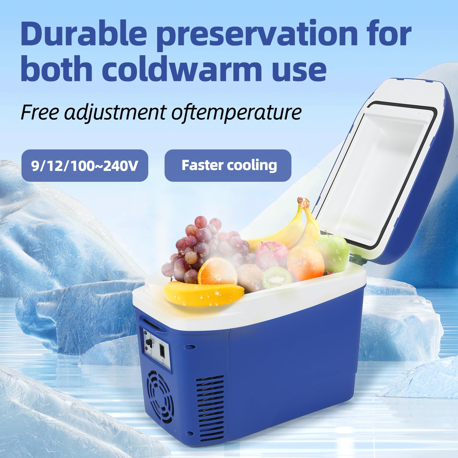 Iceblue mini fridge with belt strap, portable and easy to carry during outings.