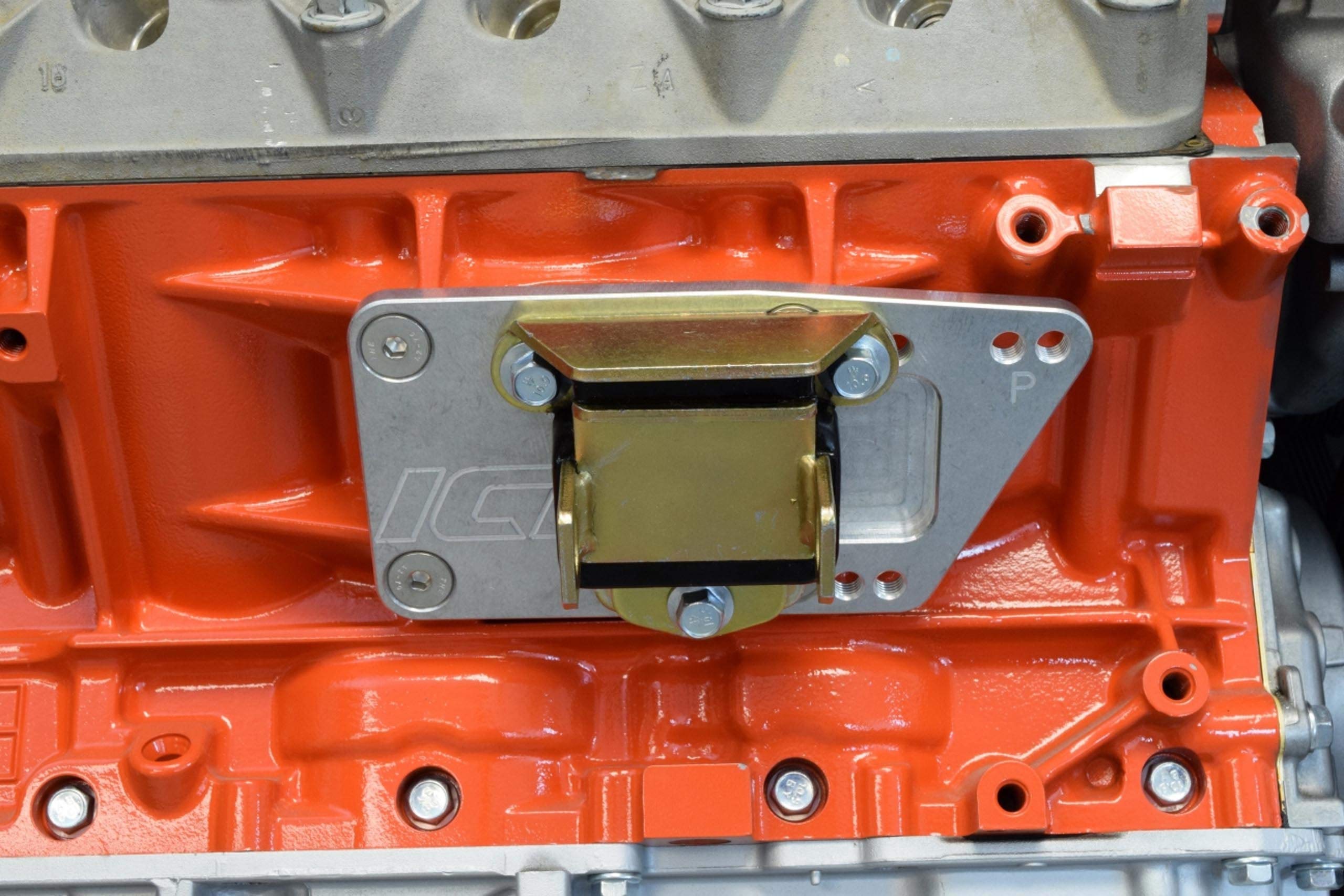 ICT Billet SBC to LS adapter plate billet aluminum close-up emphasizes durability.