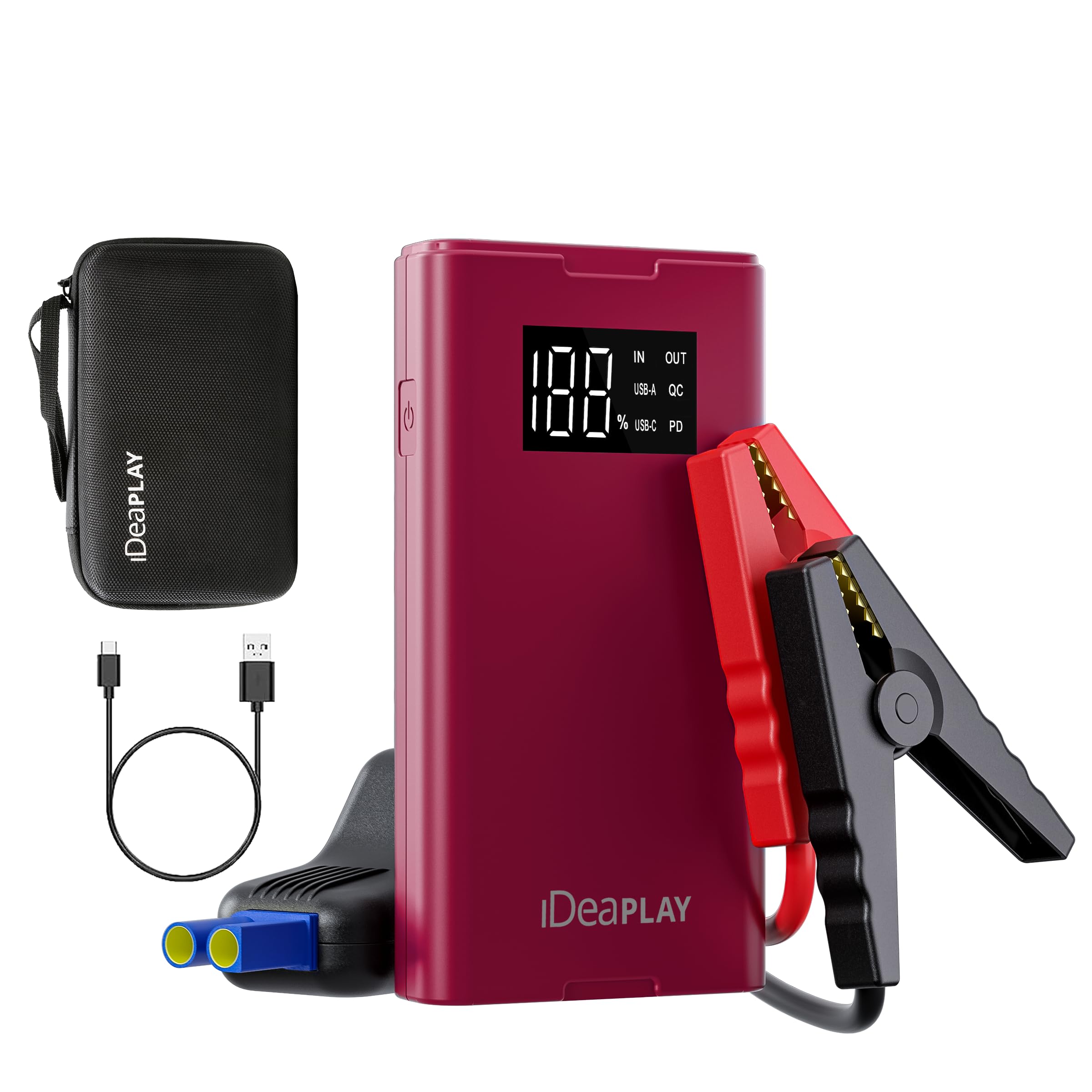 IDEAPLAY J8 jump starter front view showing 1500A power for quick car starts.