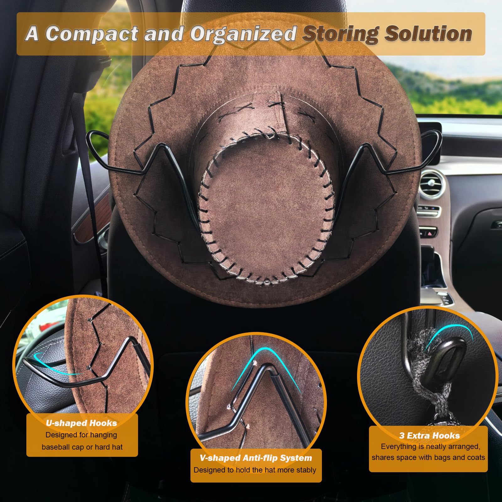 Idefair cowboy hat storage back seat keeps hats neat and protected during travel.
