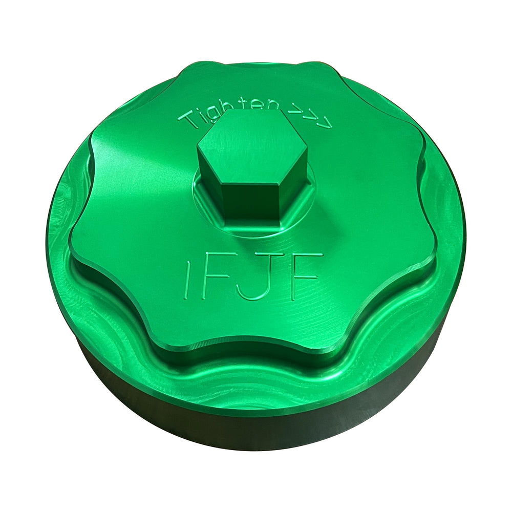 iFJF billet aluminum fuel filter cap close-up for Ram Cummins diesel