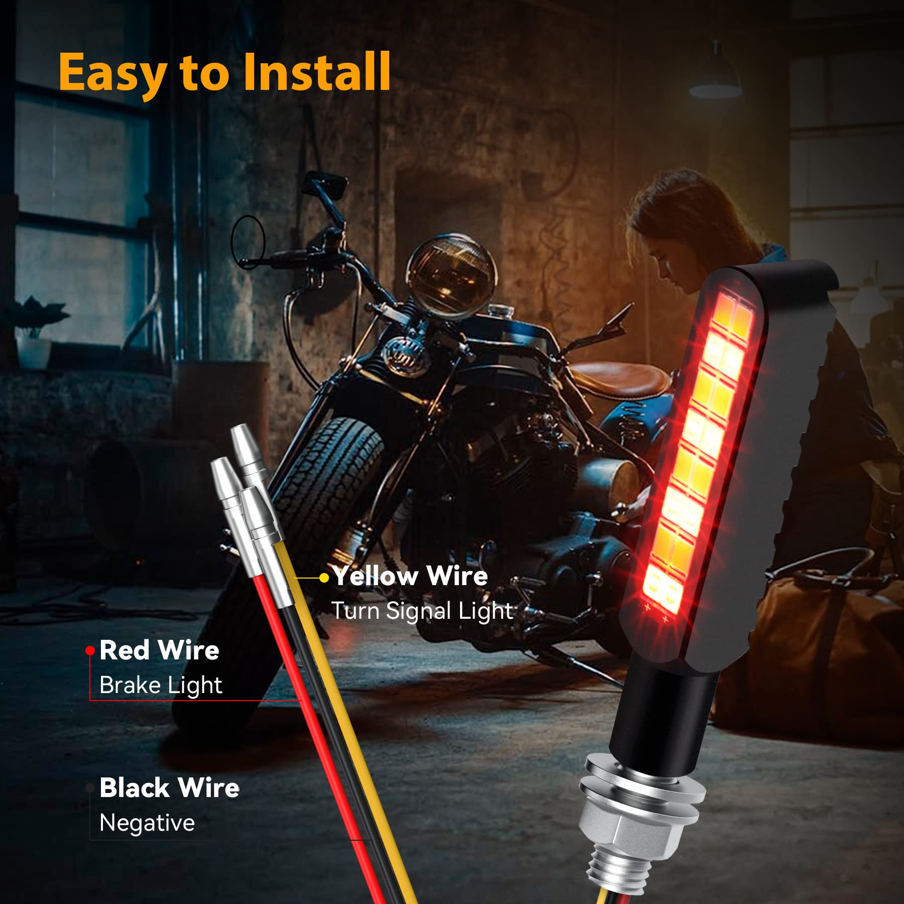 iFunyLED flowing LED motorcycle turn signal installed on bike demonstrates brake and turn signal integration