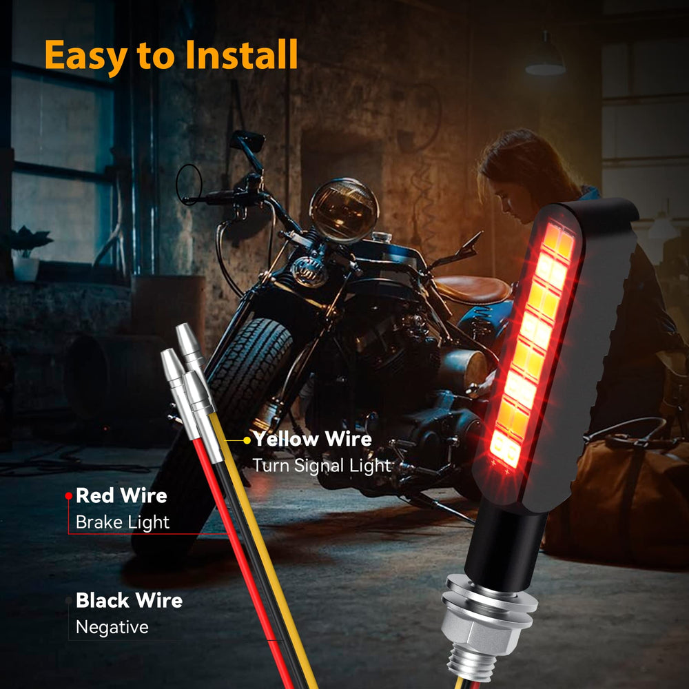 iFunyLED flowing LED motorcycle turn signal installed on bike demonstrates brake and turn signal integration