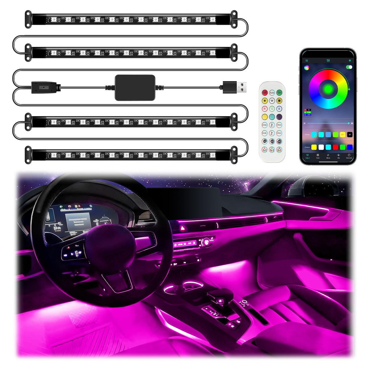 iFunyLED smart car interior LED lights with four-strip setup for customizable ambiance on the go.