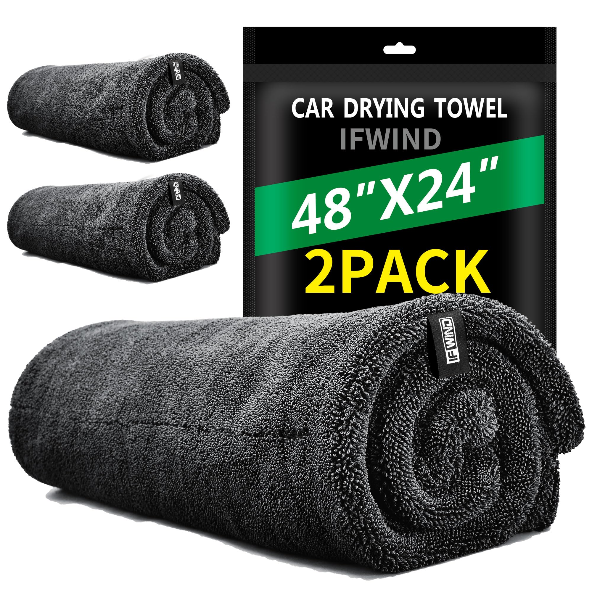 IFWIND 2-pack car drying towels covering large surfaces for fast, streak-free drying.
