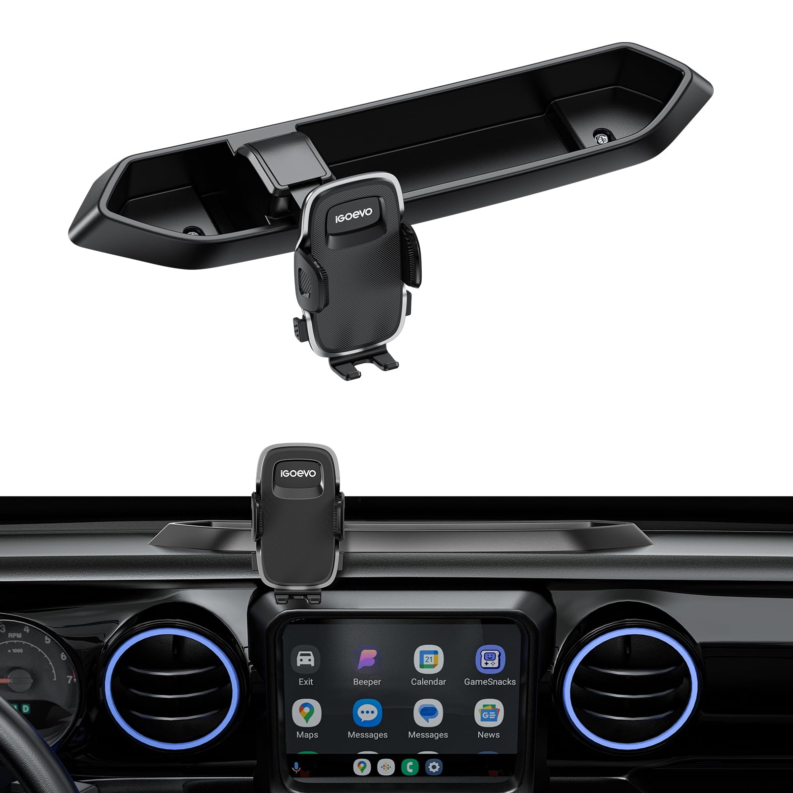 iGoevo dashboard clamp arm close-up showing secure grip during rough rides