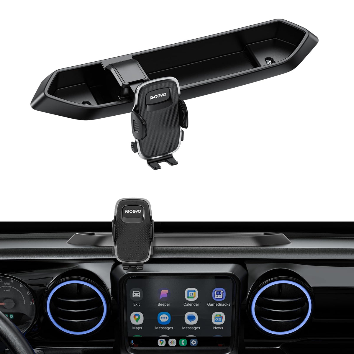 iGoevo dashboard clamp arm close-up showing secure grip during rough rides