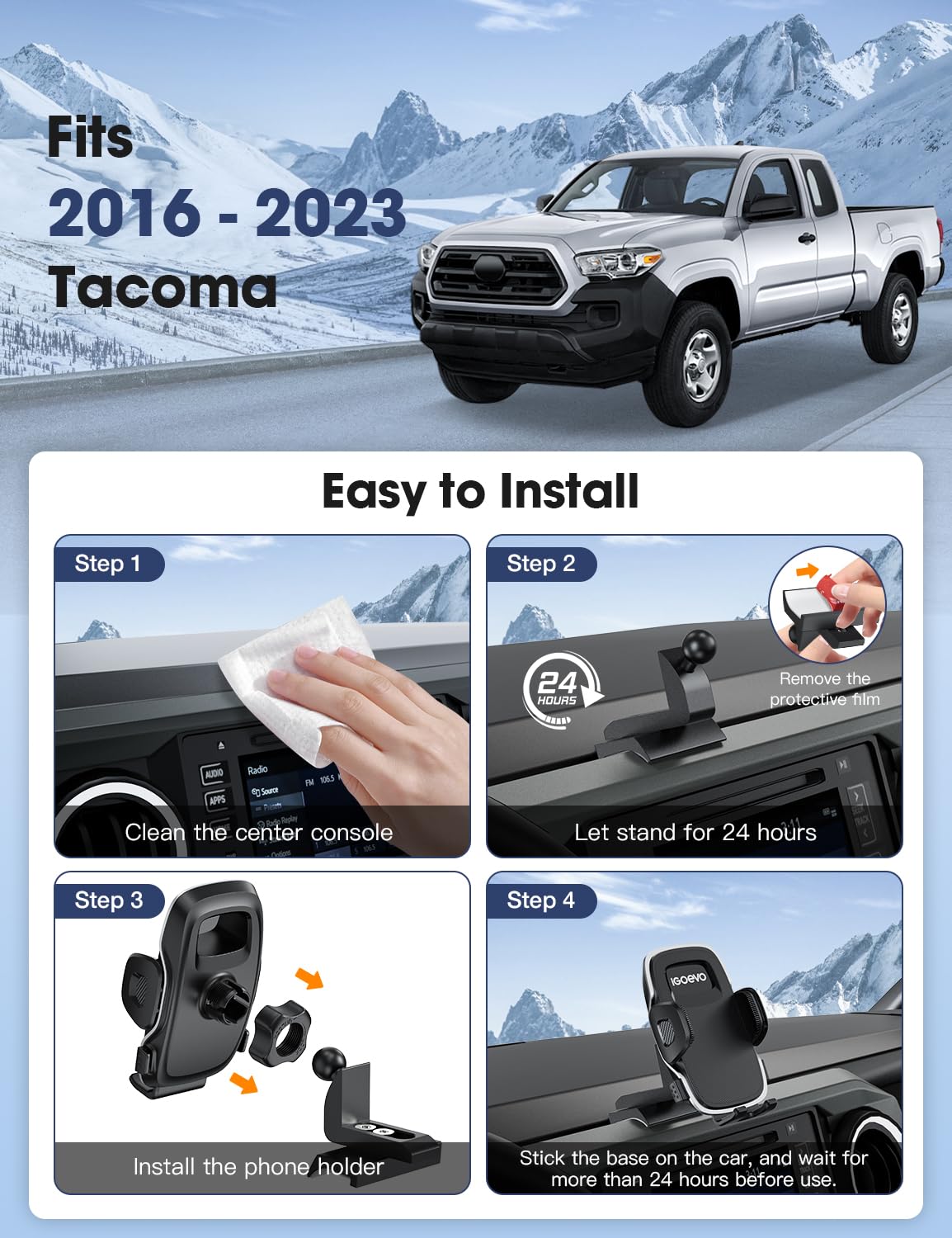 iGoevo Tacoma installation kit includes adhesive strips and cleaning cloth