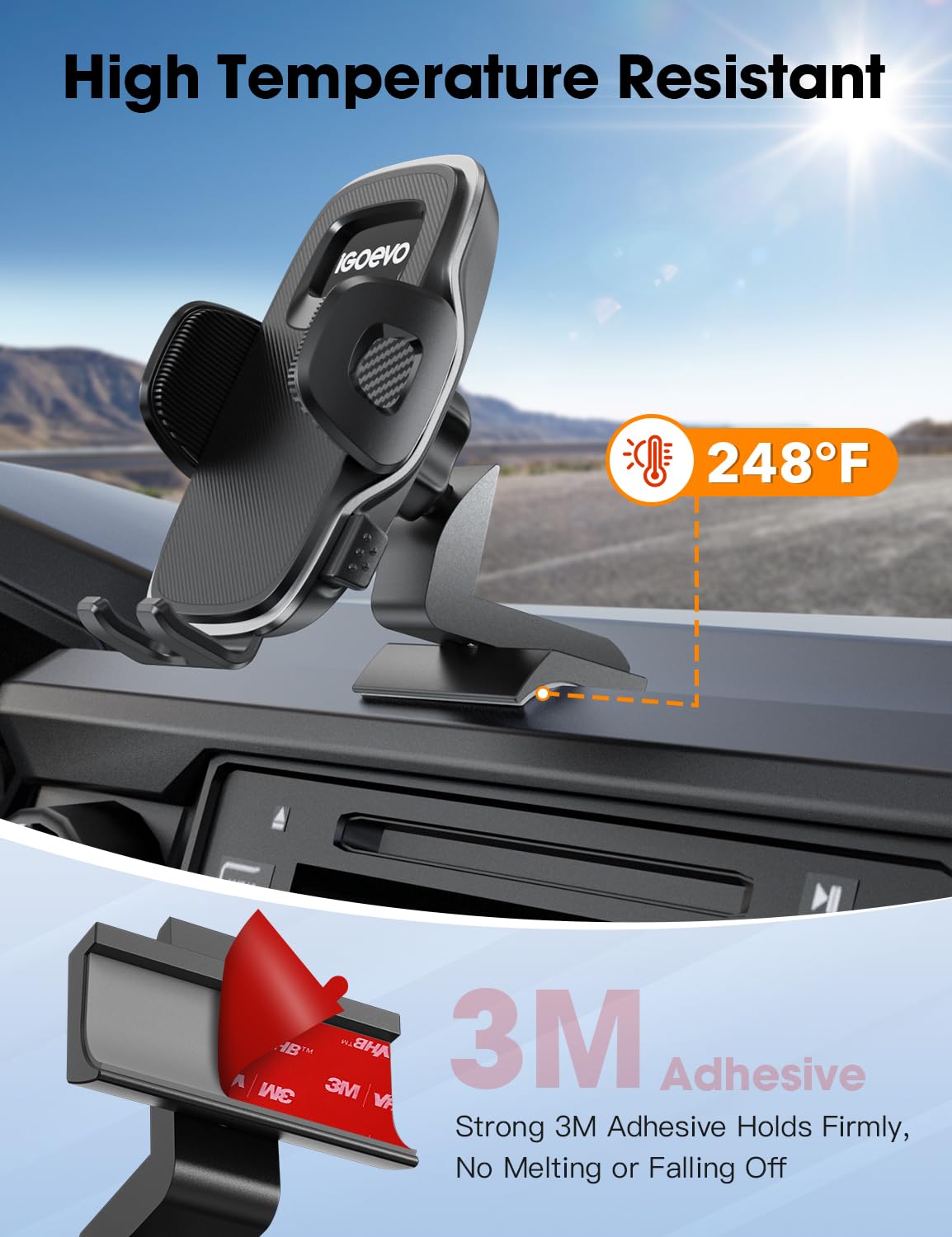 iGoevo Tacoma strong adhesive base secures the mount on rough roads