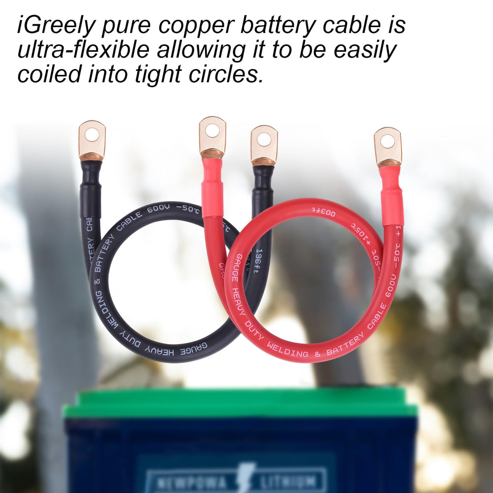 iGreely battery cable kit presentation shows all-in-one solution for multiple gauges.