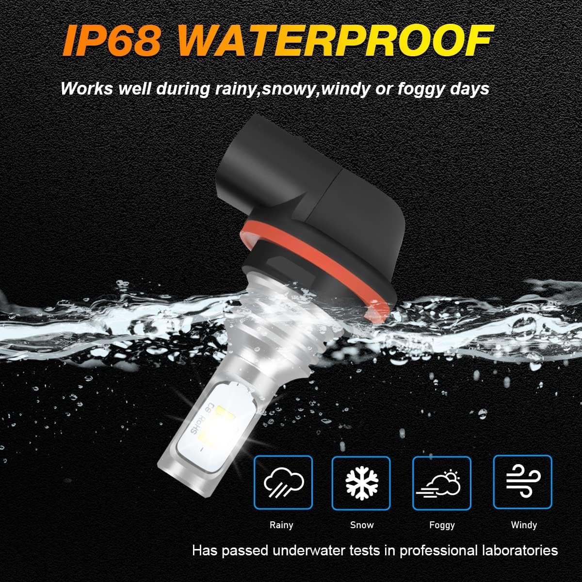 IHNZCB IP68 waterproof headlight bulbs for rain and mud resistance.