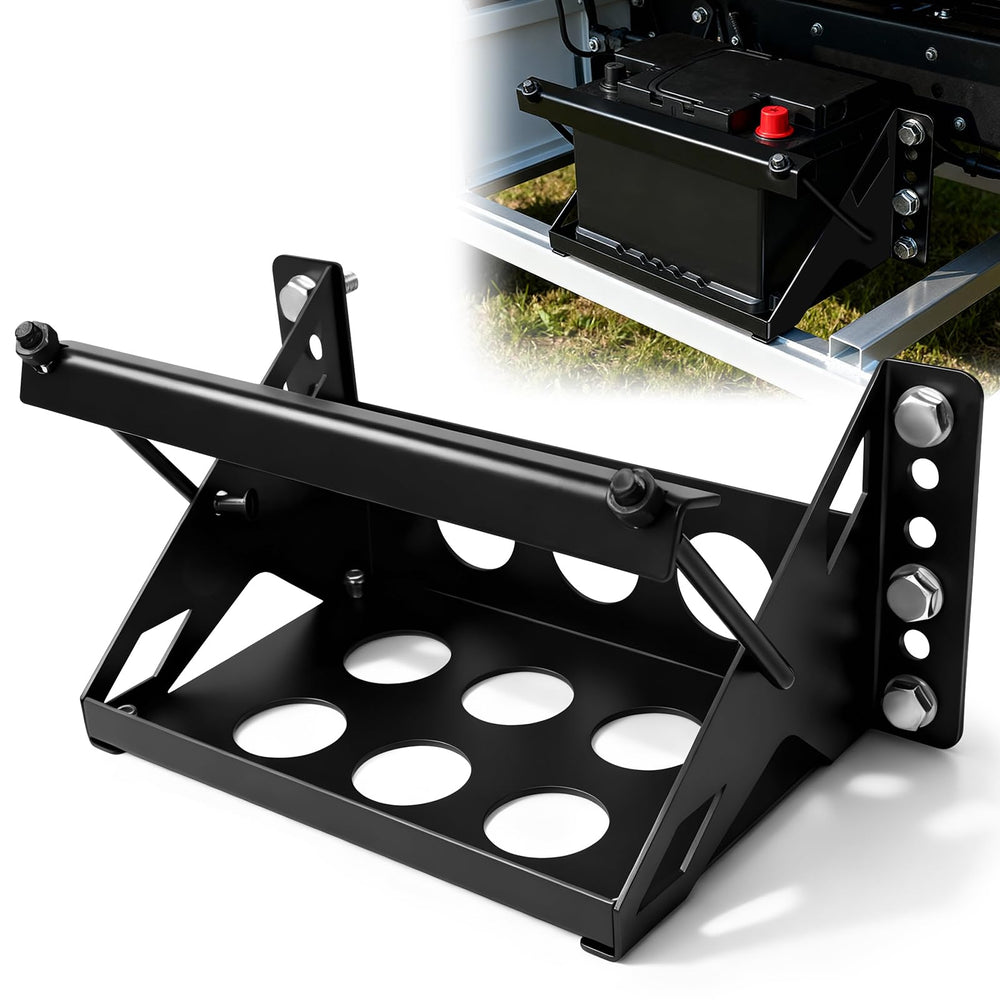 IHOUMEX metal bolt-in battery tray closeup demonstrates sturdy construction for secure mounting.