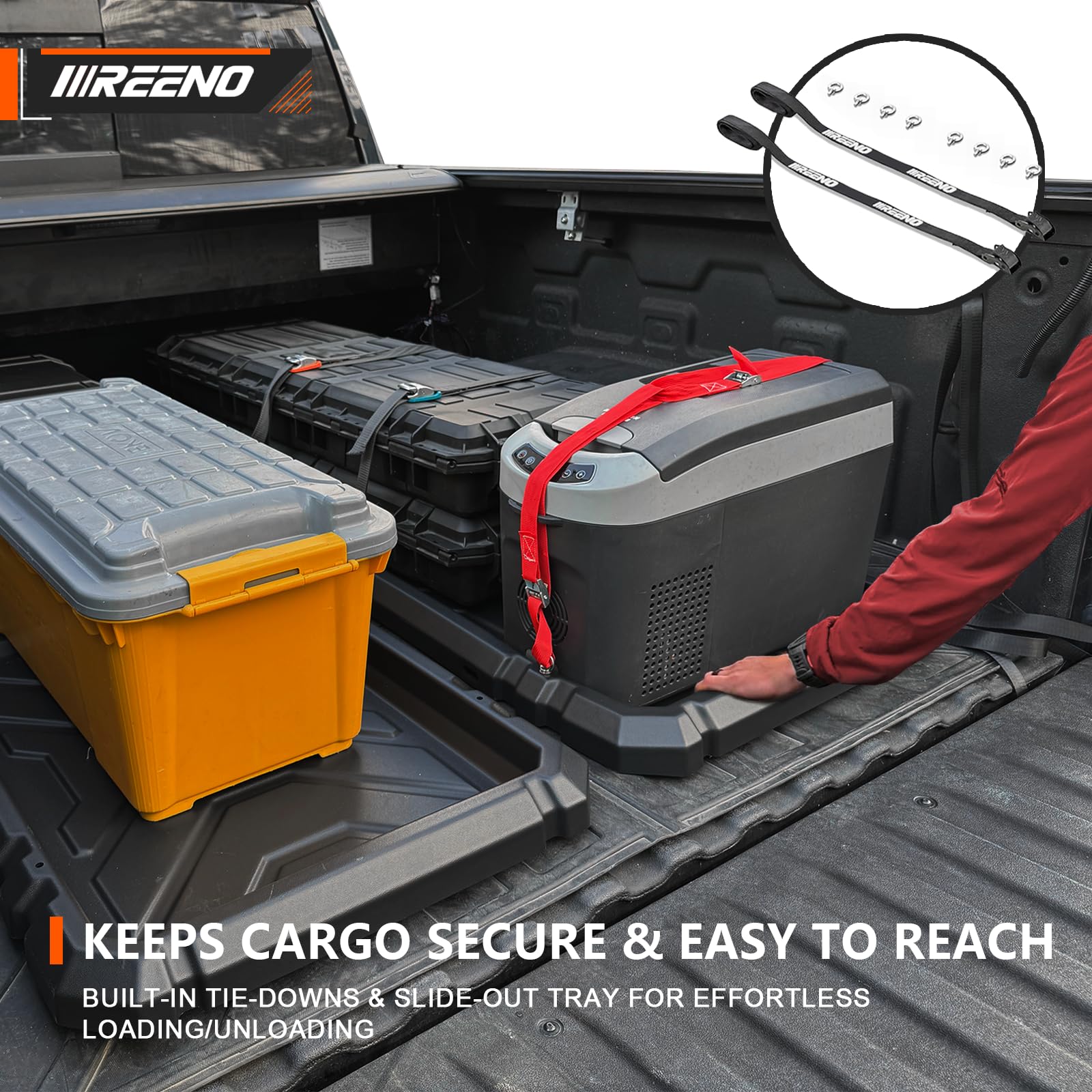 IIIREENO all-weather cargo tray protects gear from rain, sun, and temperature swings.