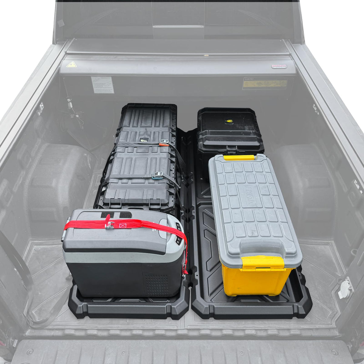 IIIREENO front-view slide-out truck bed organizer for quick gear access.