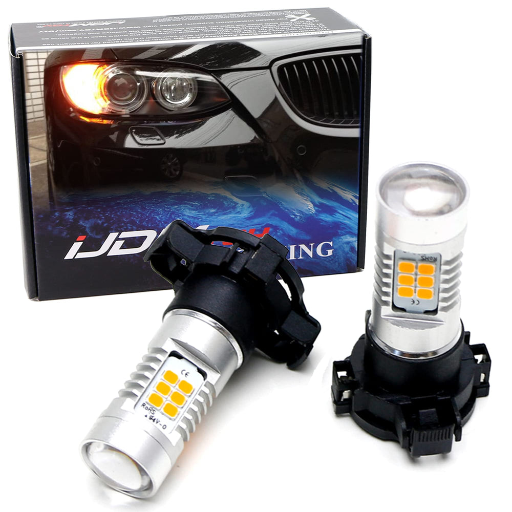 iJDMTOY amber yellow LED bulbs for BMW front turn signals improve visibility and style.