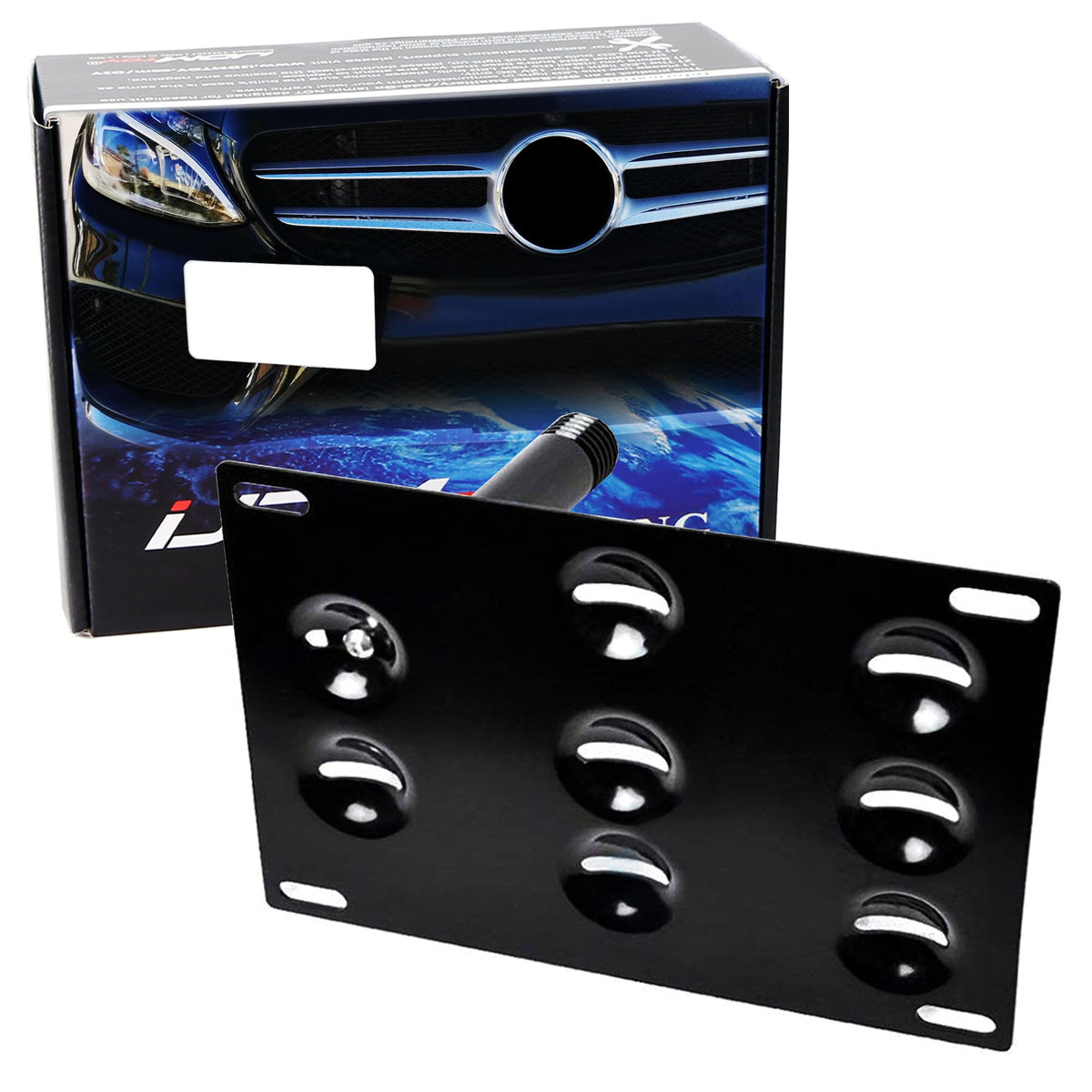 iJDMTOY no-drill tow-hook plate adapter for Mercedes W205 ensures secure, drilling-free mounting.