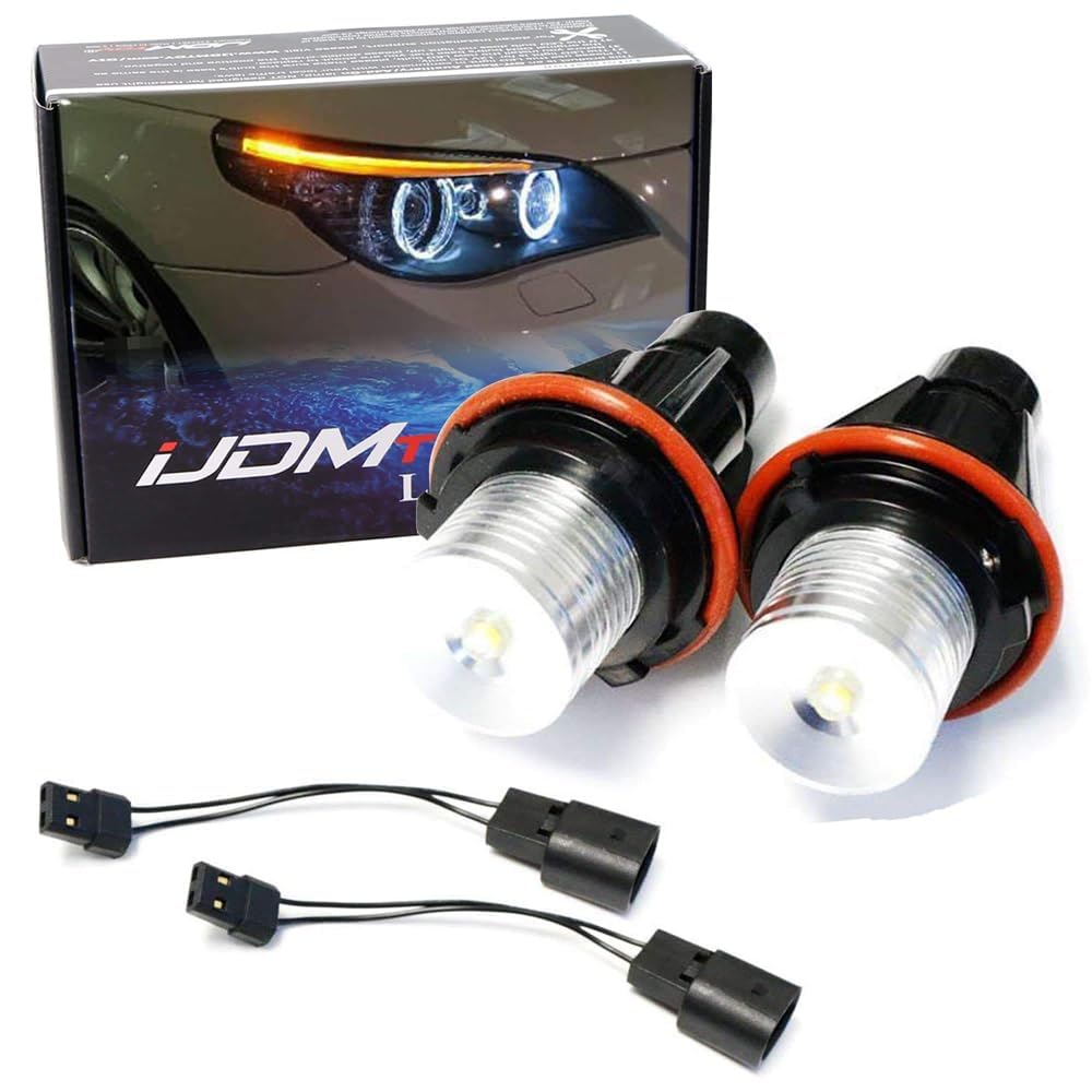iJDMTOY white LED angel eye ring bulb installed in BMW front halo for improved visibility