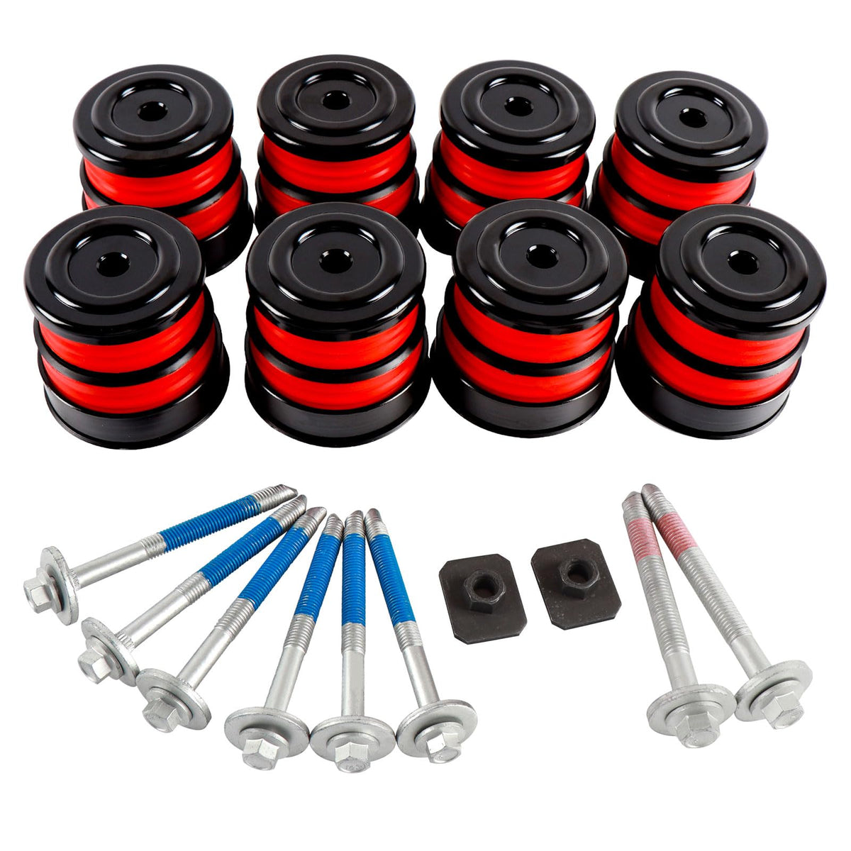 iKer silicone body mount bushings kit for Ford F-250/F-350 red, ready for direct fit.