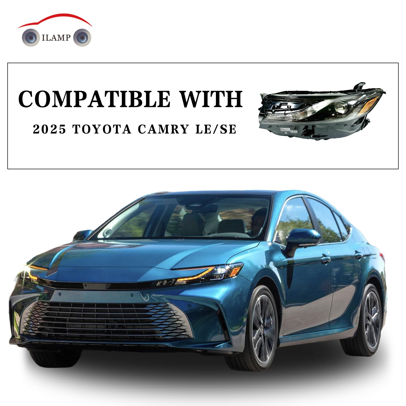 ILAMP Camry left headlight closeup lens showing durable polycarbonate construction.