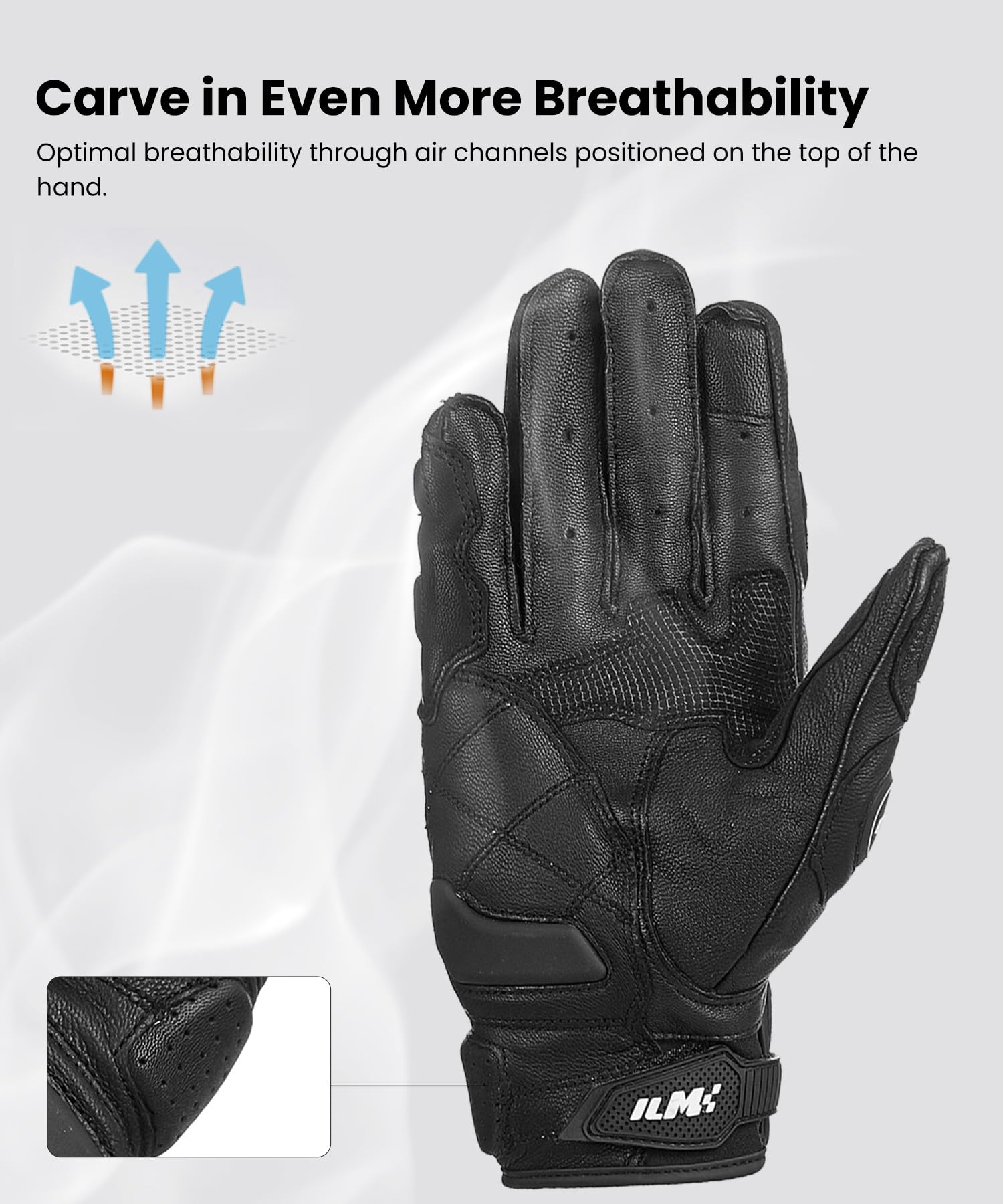 ILM GRC01 gloves featuring doubled leather reinforcements for abrasion resistance