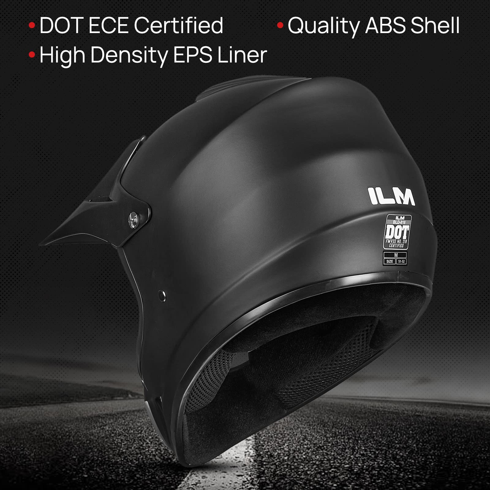 ILM BLD-818 matte black side view helmet provides durable off-road protection for youth