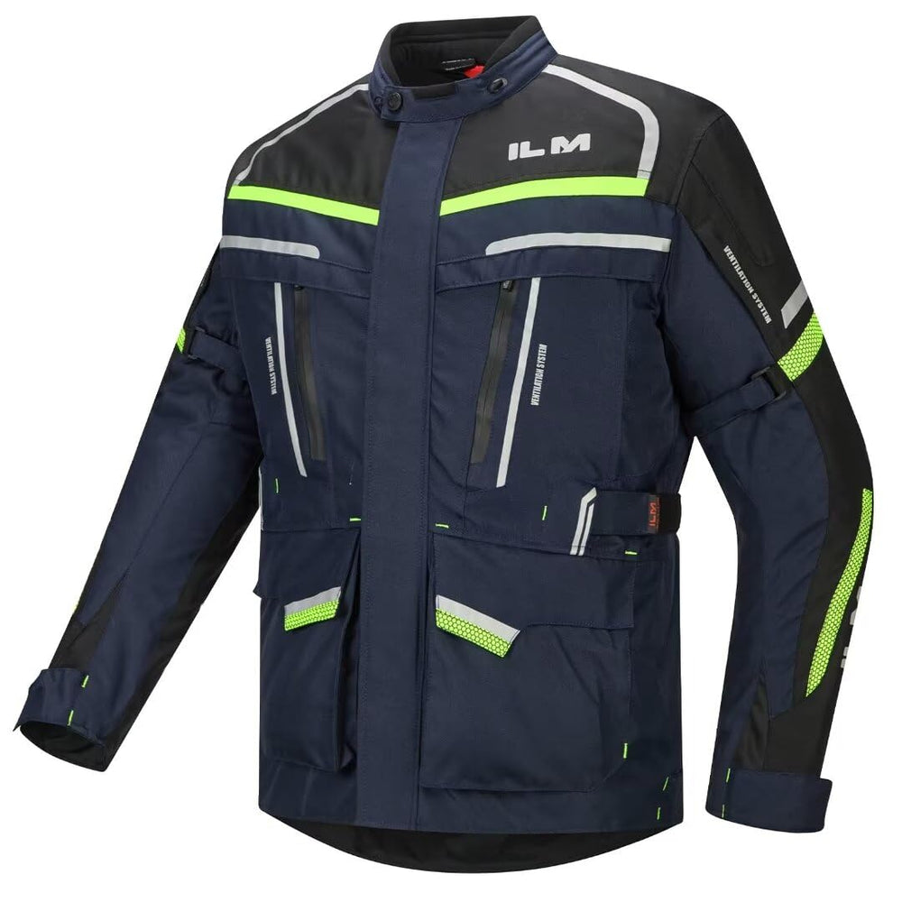 ILM JRL3 blue jacket front view showing rugged exterior and waterproof fabric
