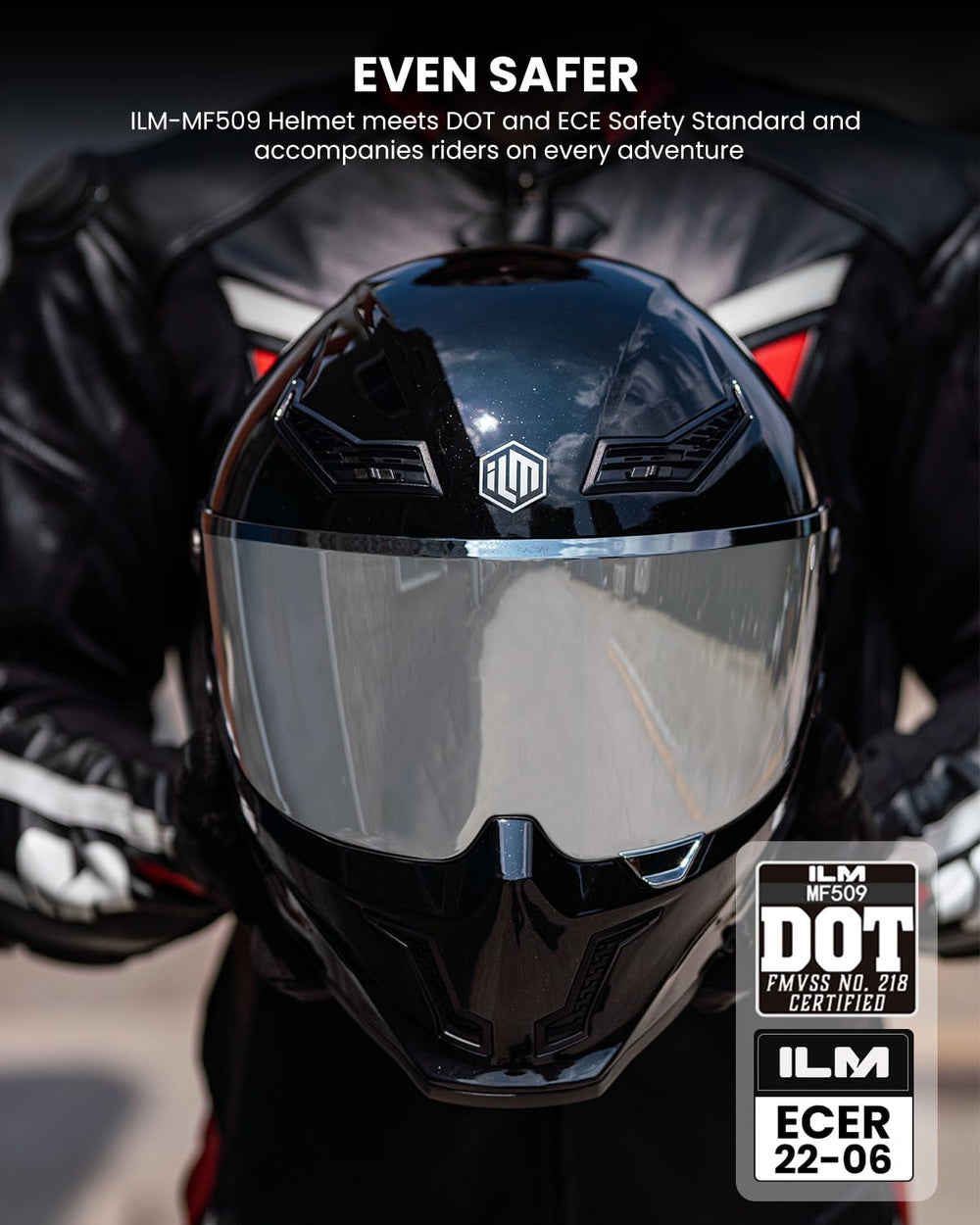 ILM MF509 gloss black inner visor reduces glare for bright days.