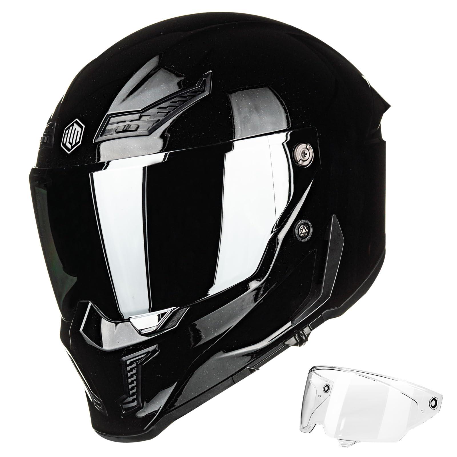 ILM MF509 gloss black outer visor for clear visibility and wind protection.