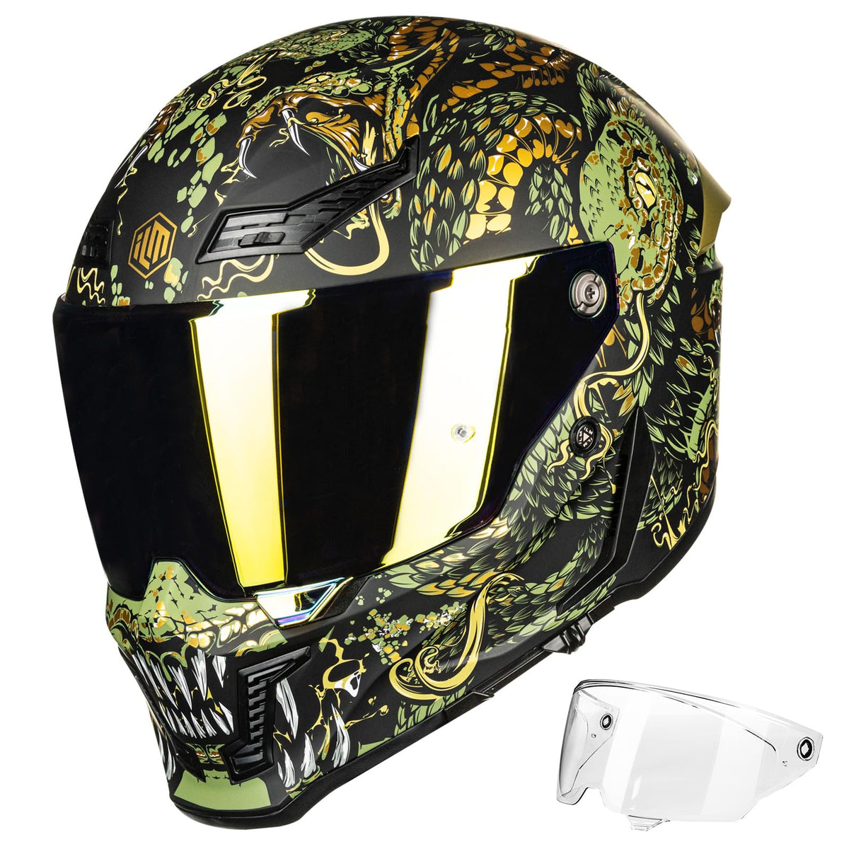 ILM MF509 Mythology Gold helmet front angle for clear street visibility