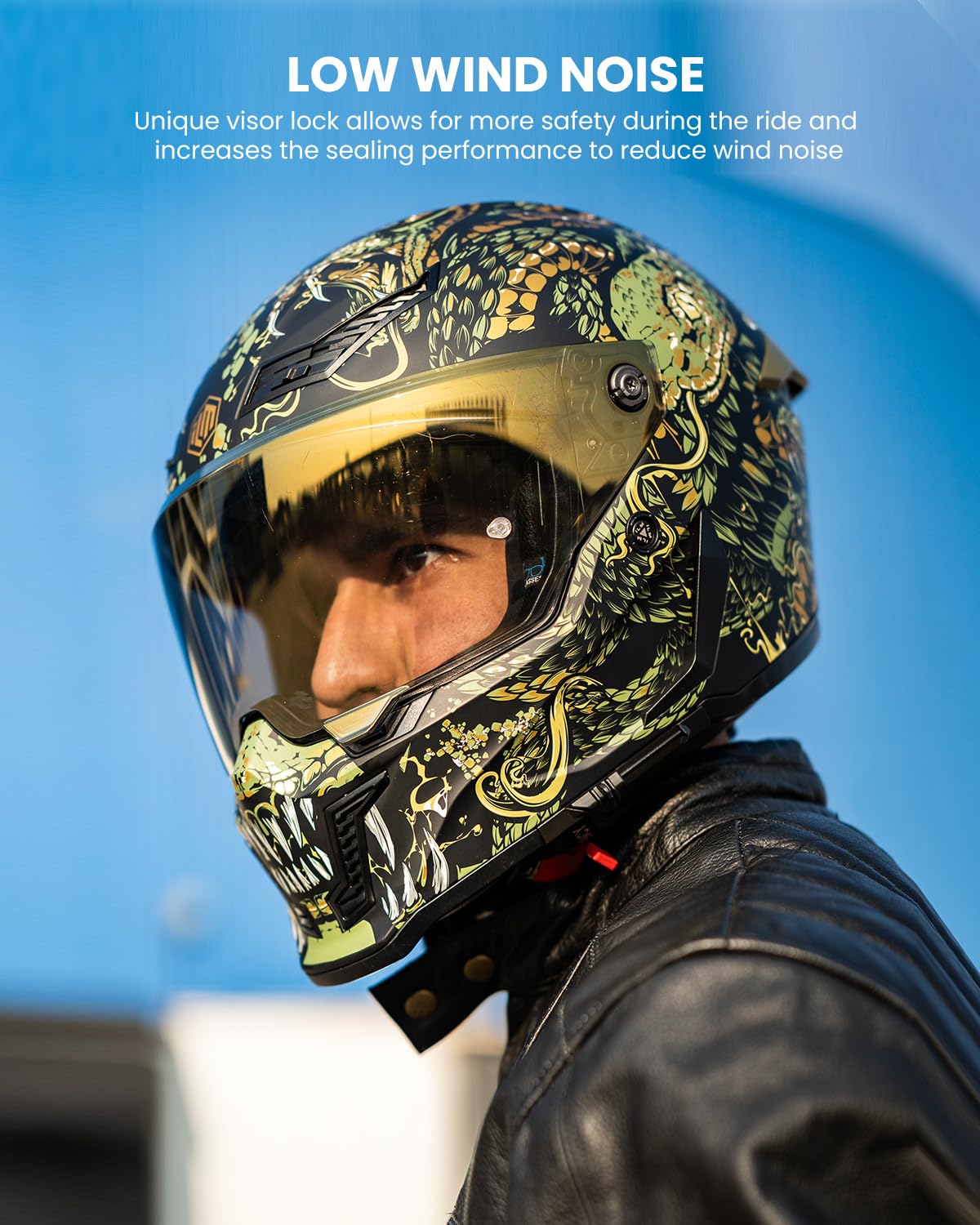ILM MF509 Mythology Gold helmet showing tinted visor for glare control
