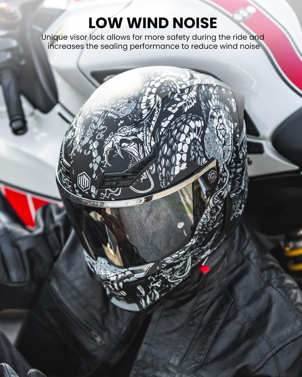 ILM MF509 Mythology Silver XL dual visor, adaptable light control for varying conditions.