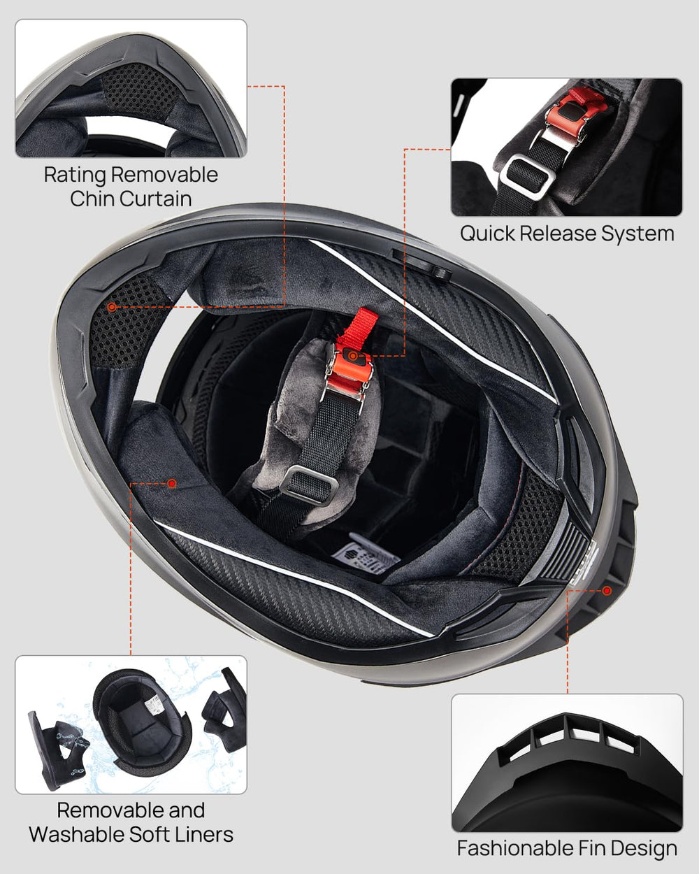 ILM helmet quick-release strap for fast on-off during stops.