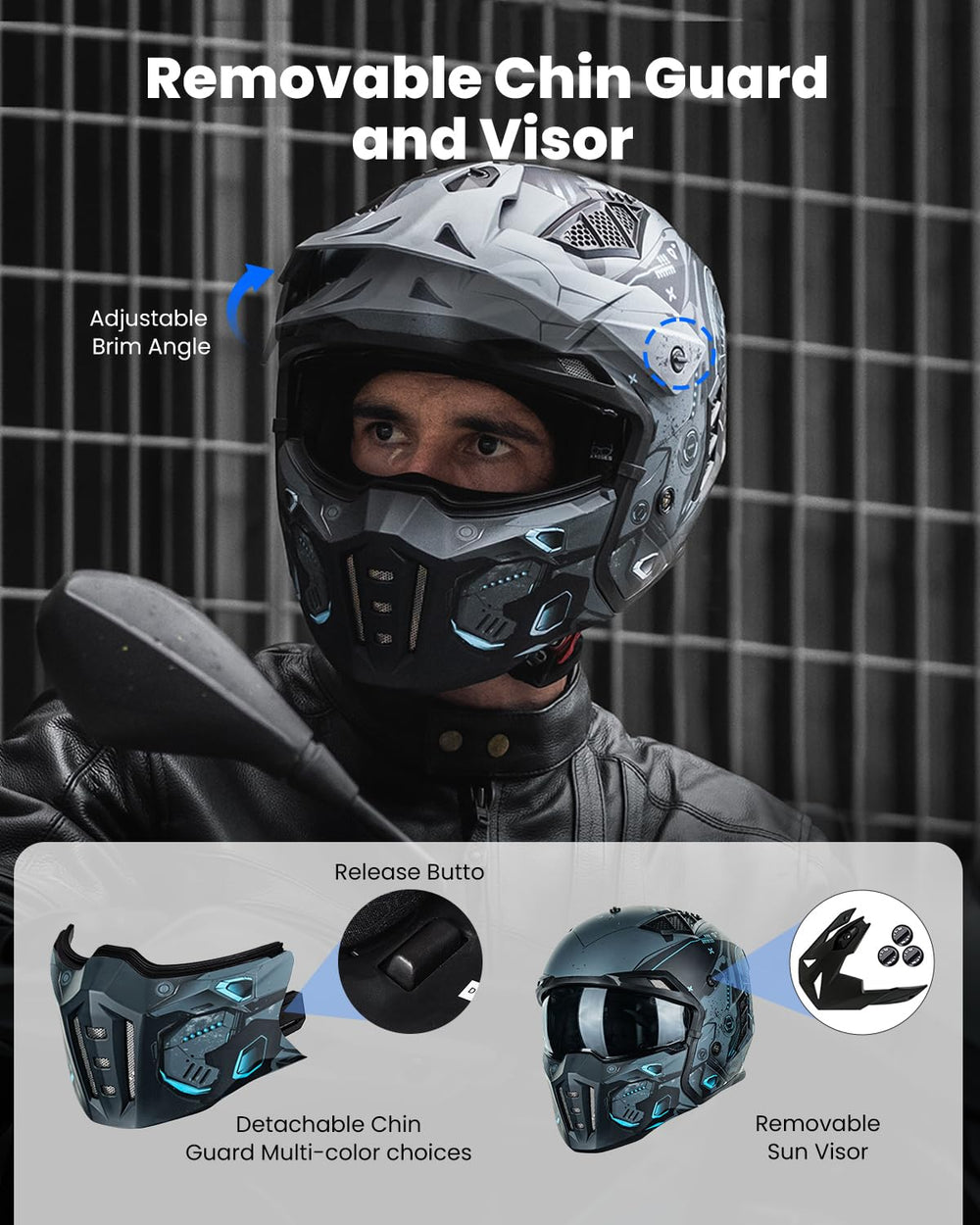 ILM open-face helmet blue mecha detachable brim closeup enhances retro style and configurability.