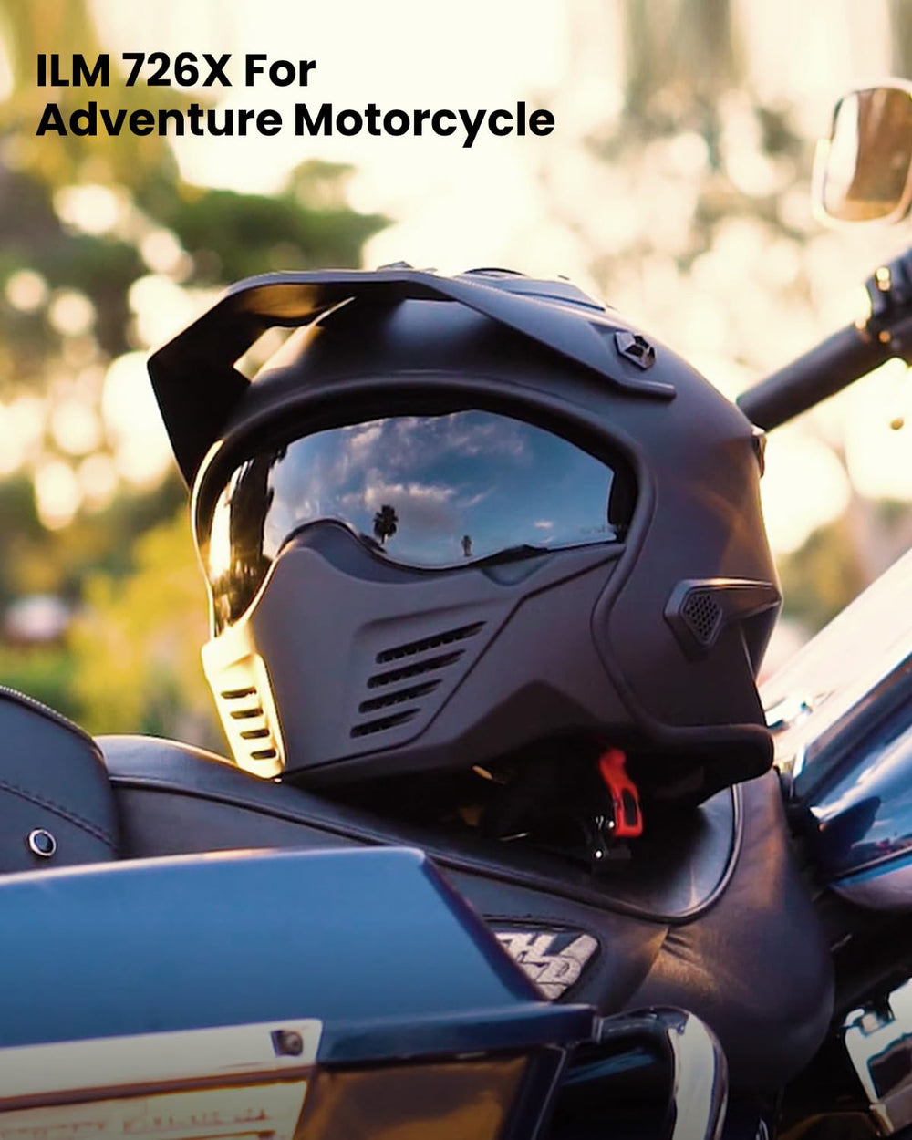 ILM Open Face Helmet quick-release buckle simplifies on/off.