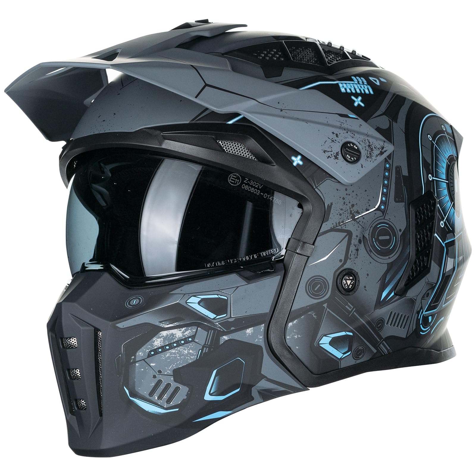 ILM open-face helmet front view in blue mecha for versatile riding comfort.
