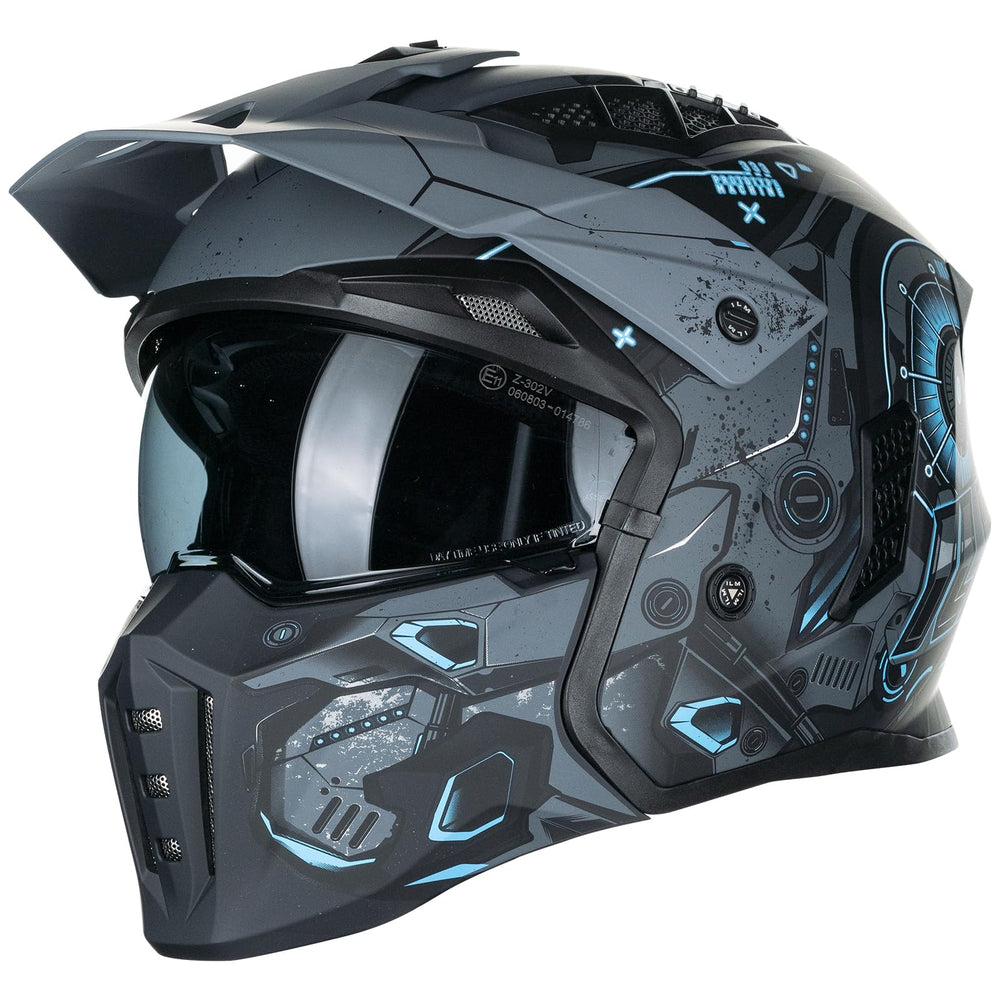 ILM open-face helmet front view in blue mecha for versatile riding comfort.