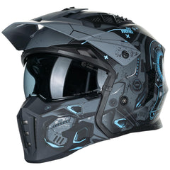 ILM open-face helmet front view in blue mecha for versatile riding comfort.