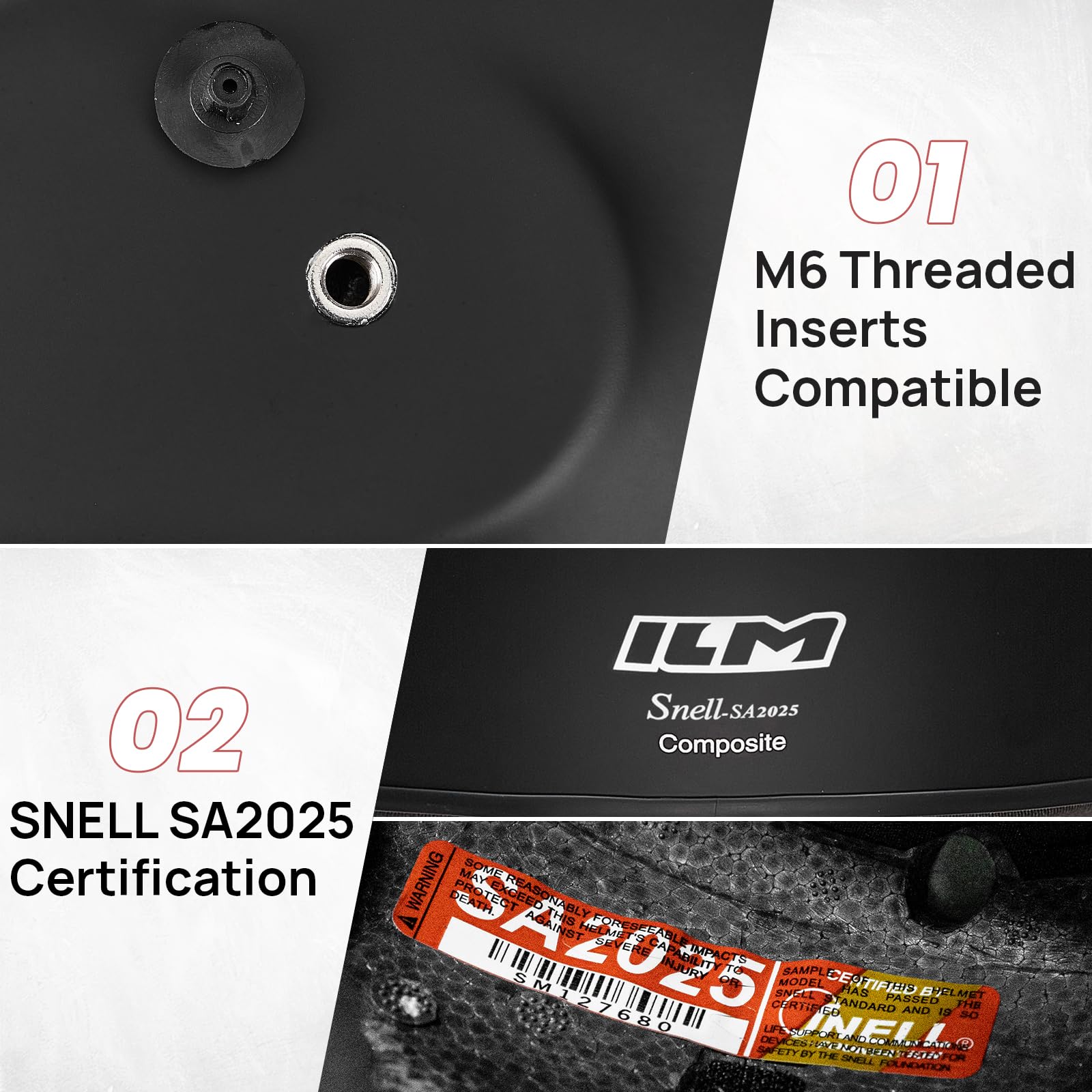 ILM Snell SA2020 full-face helmet side view illustrating streamlined profile for comfort