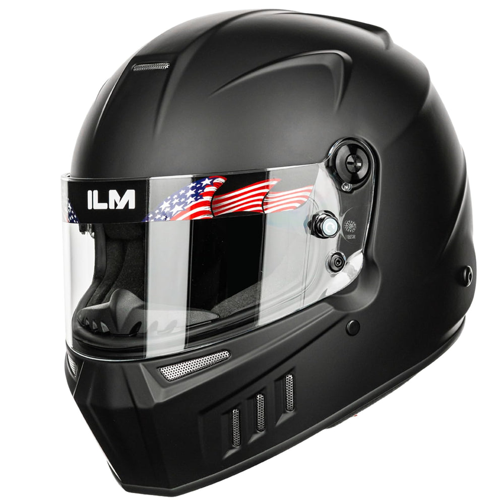 ILM Snell SA2025 helmet front view in matte black for high-performance auto racing