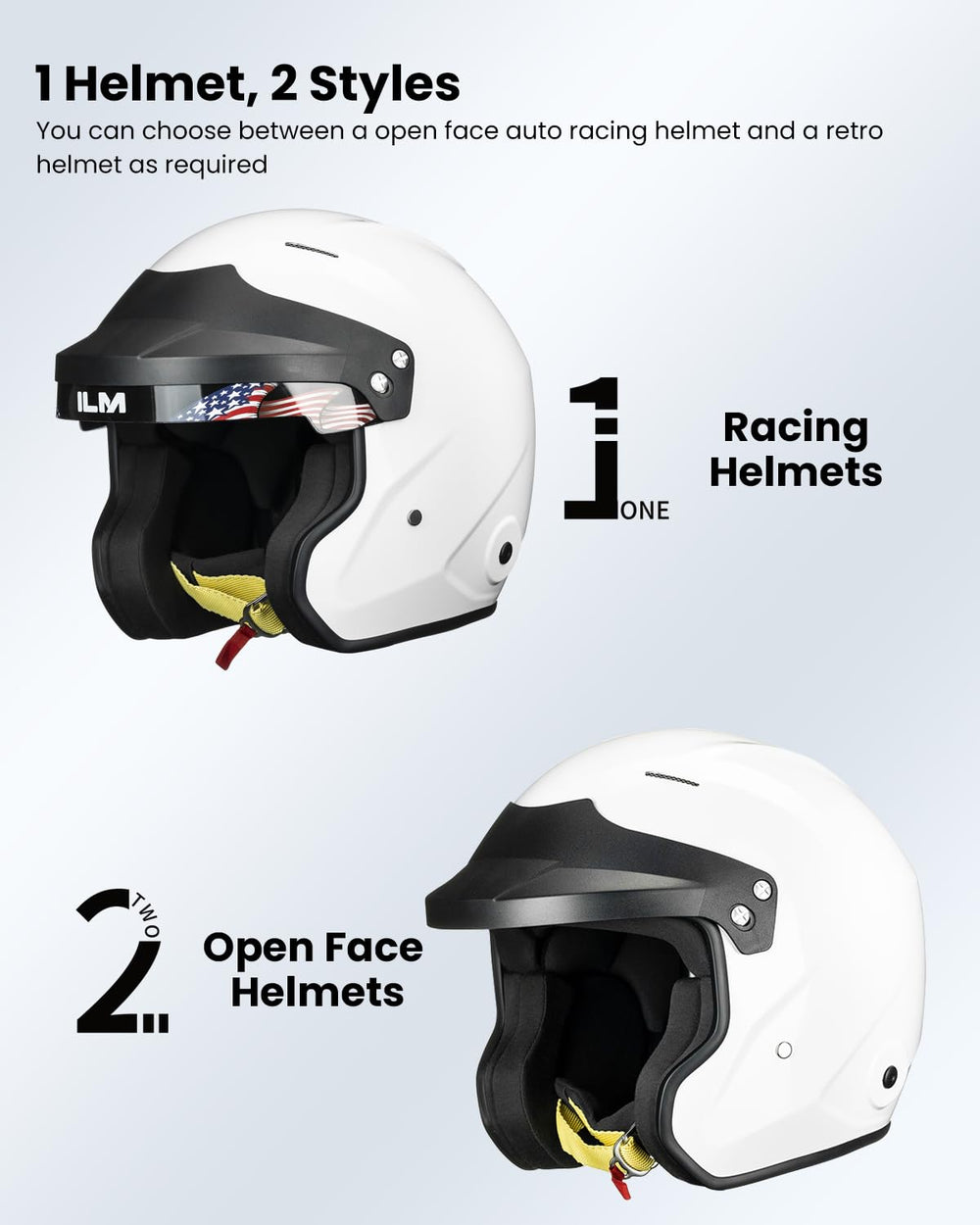 ILM Snell SA2025 open-face helmet HANS compatibility option available.