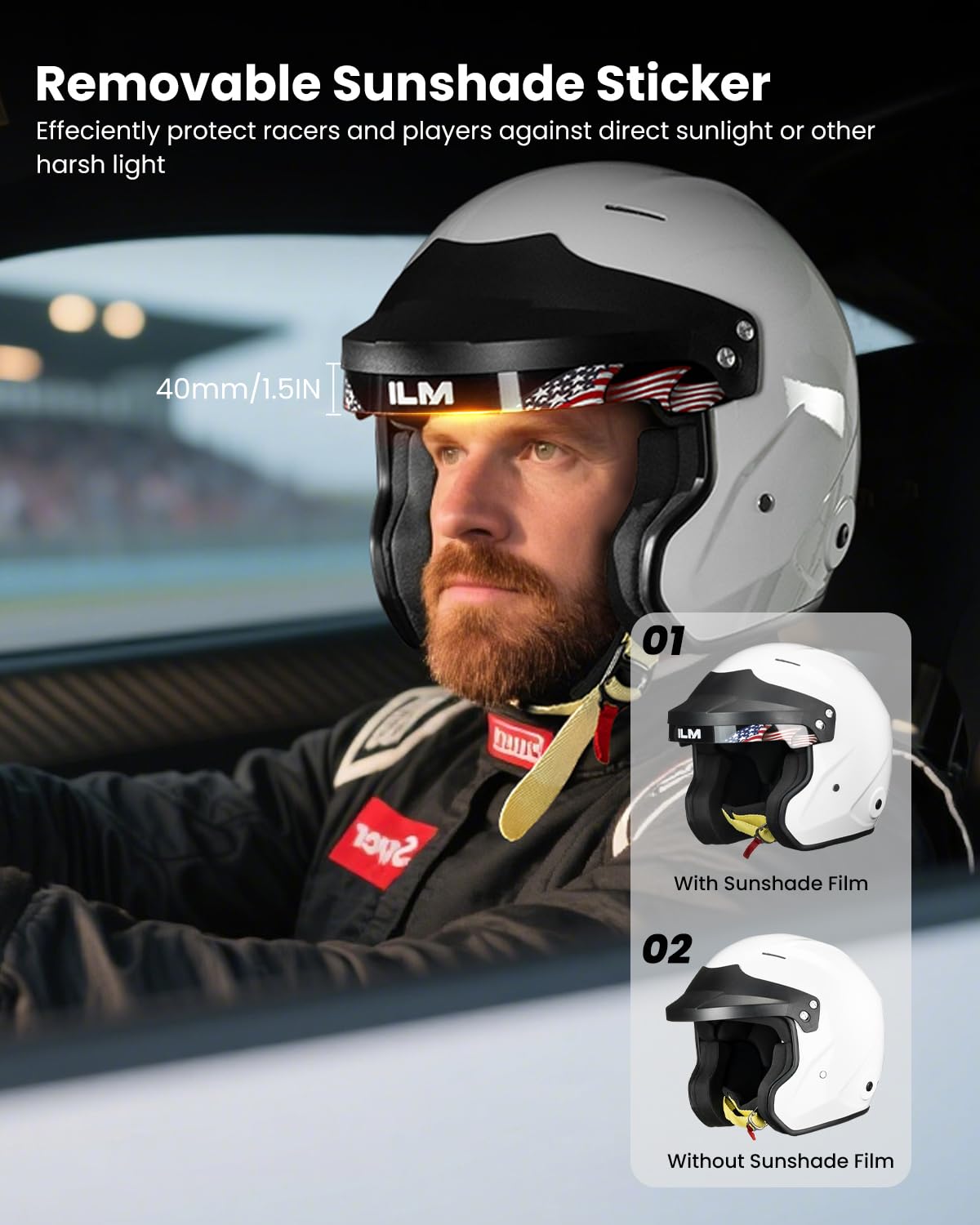 ILM Snell SA2025 open-face helmet sunshade reduces glare.