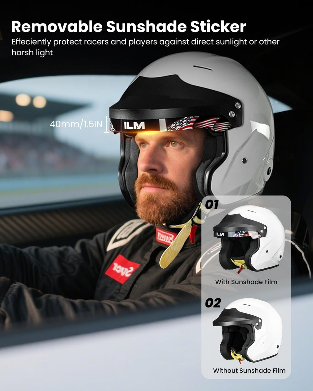 ILM Snell SA2025 open-face helmet sunshade reduces glare.