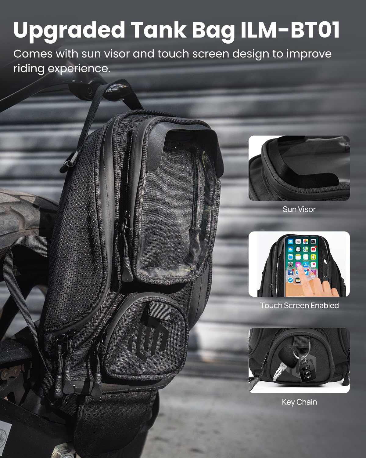 ILM tank bag top pocket keeps phone accessible for navigation.