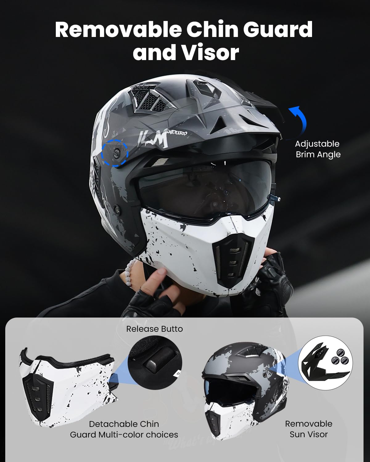 ILM Z302 open-face helmet detachable front cover for versatile styling.