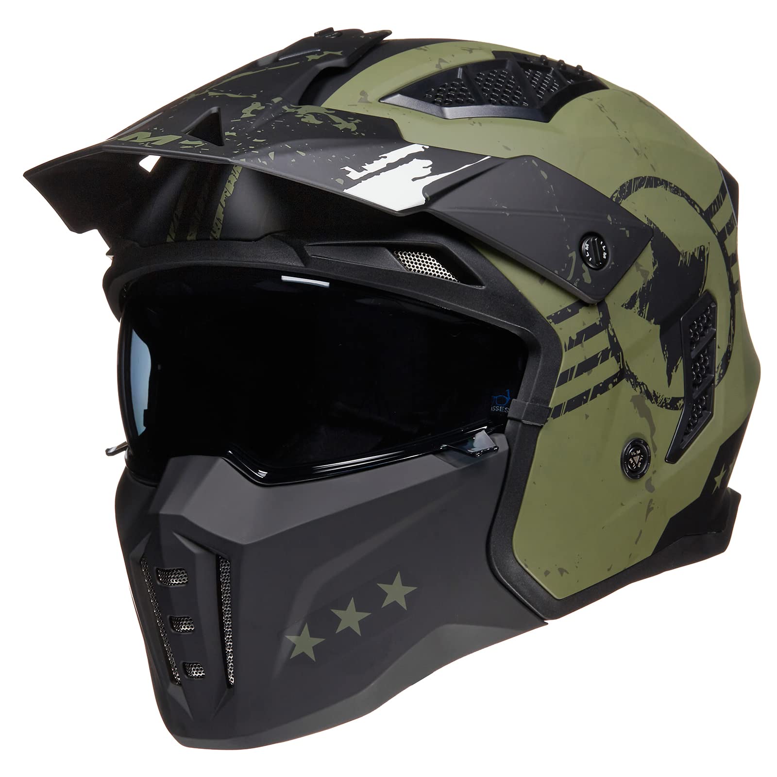 ILM Z302 open-face helmet army green front view with detachable brim for versatility