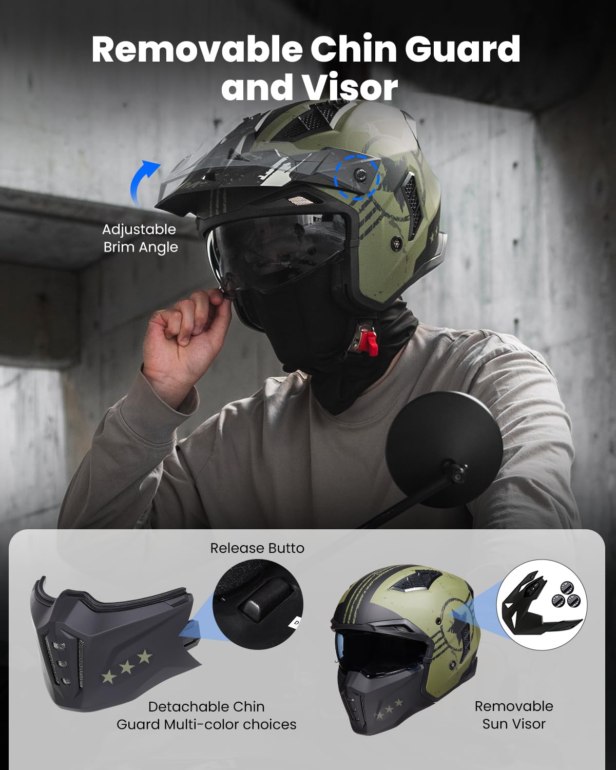 ILM Z302 army green open-face helmet side view highlighting lightweight design