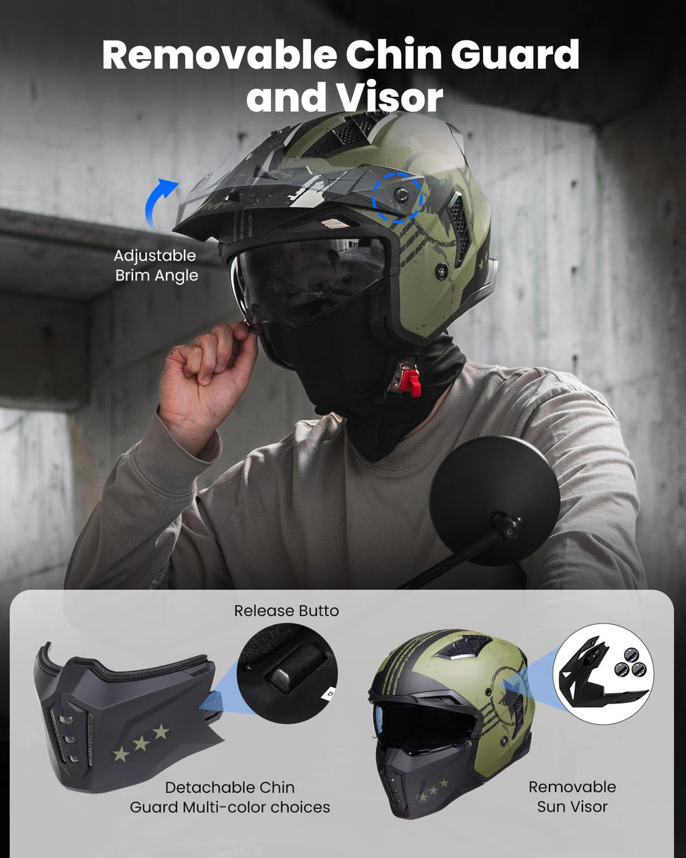 ILM Z302 army green open-face helmet side view highlighting lightweight design