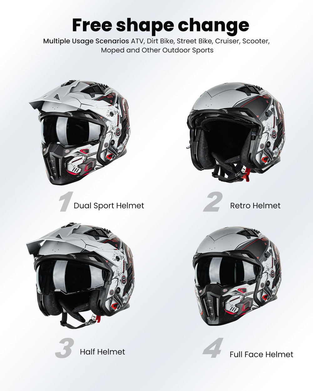 ILM Z302 open-face helmet brim at two angles for sun and wind control.