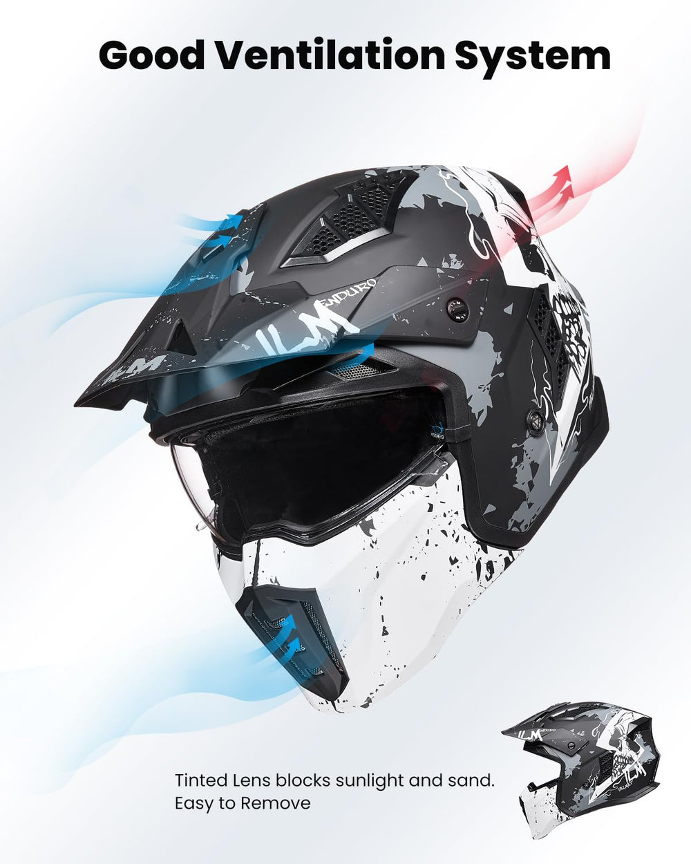 ILM Z302 tinted visor blocks sun glare and debris.
