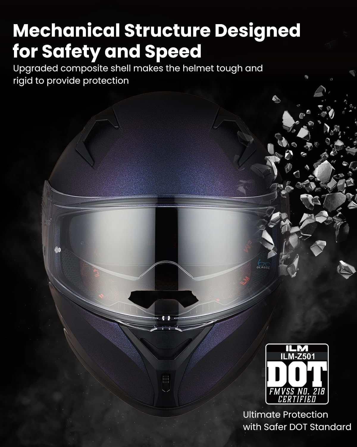 ILM Z501 chameleon purple helmet, left-side view with ventilation channels.